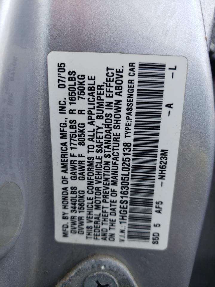 Photo 10 from auction – 2005 HONDA CIVIC with VIN 1HGES16305L025138