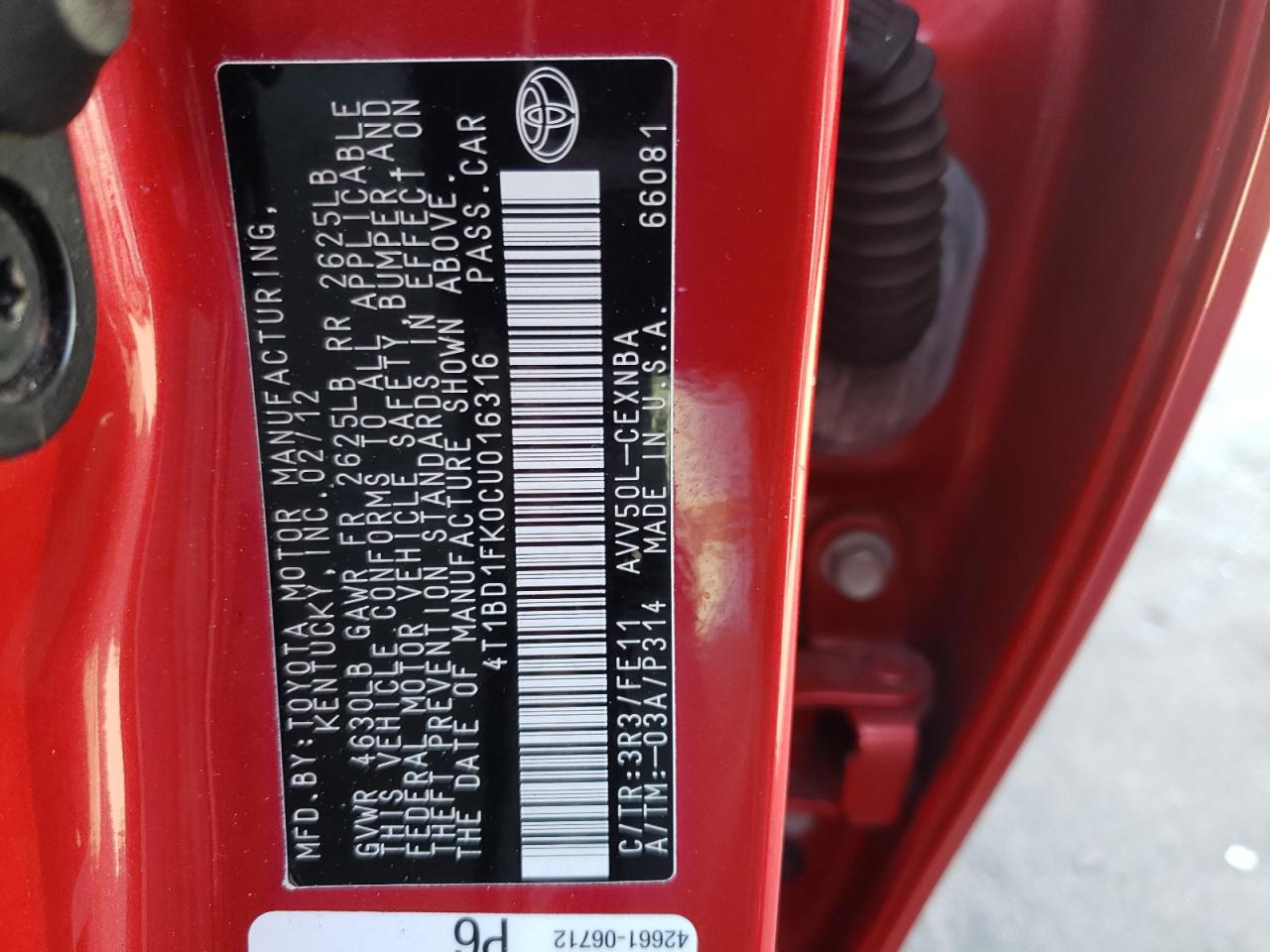 Photo 10 from auction – 2012 TOYOTA CAMRY HYBR with VIN 4T1BD1FK0CU016316