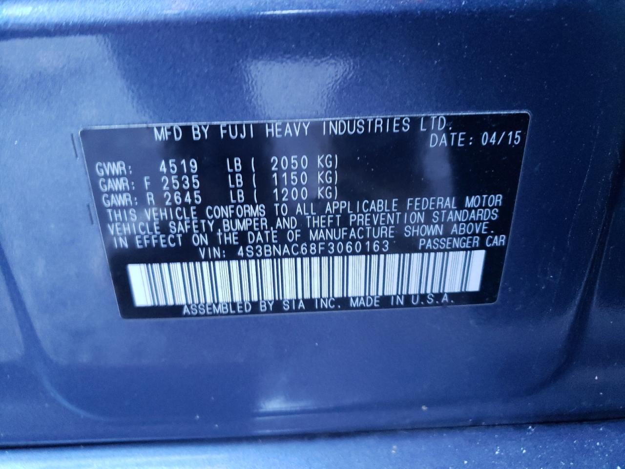 Photo 10 from auction – 2015 SUBARU LEGACY 2.5 with VIN 4S3BNAC68F3060163