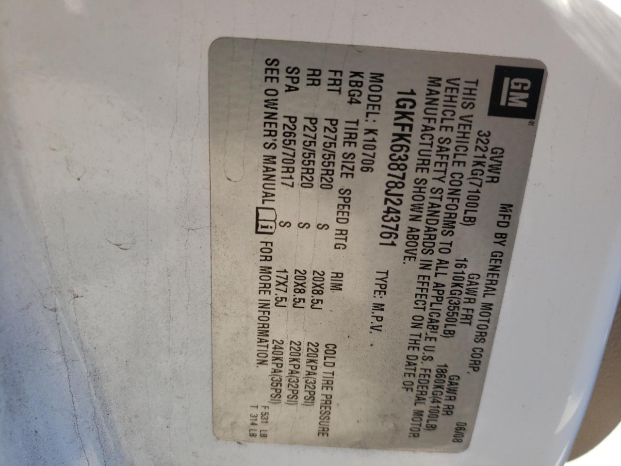 Photo 10 from auction – 2008 GMC YUKON DENA with VIN 1GKFK63878J243761