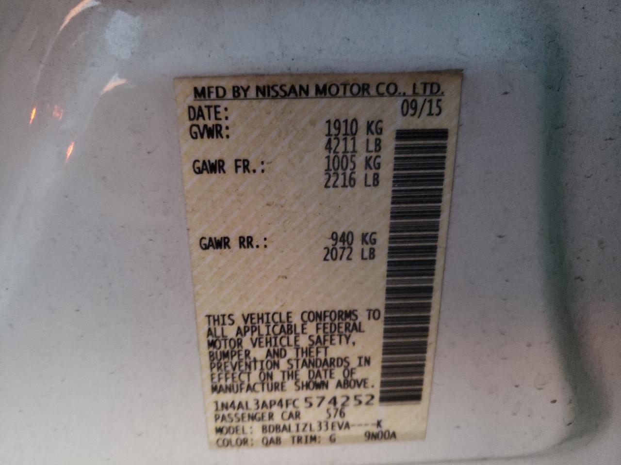 Photo 10 from auction – 2015 NISSAN ALTIMA 2.5 with VIN 1N4AL3AP4FC574252