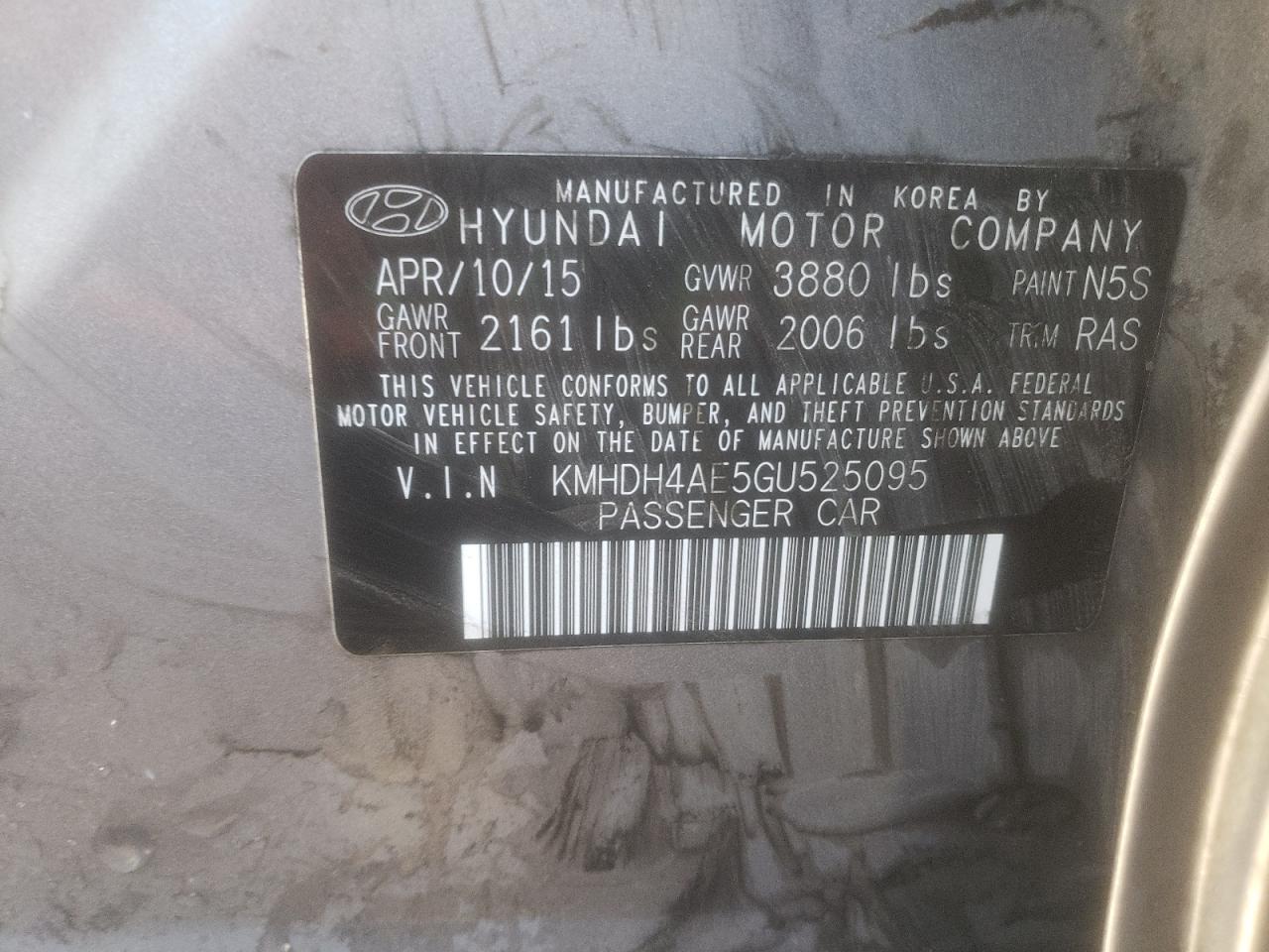 Photo 10 from auction – 2016 HYUNDAI ELANTRA SE with VIN KMHDH4AE5GU525095