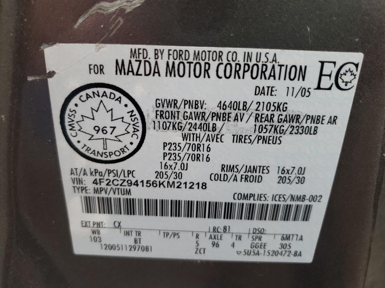Photo 10 from auction – 2006 MAZDA TRIBUTE S with VIN 4F2CZ94156KM21218