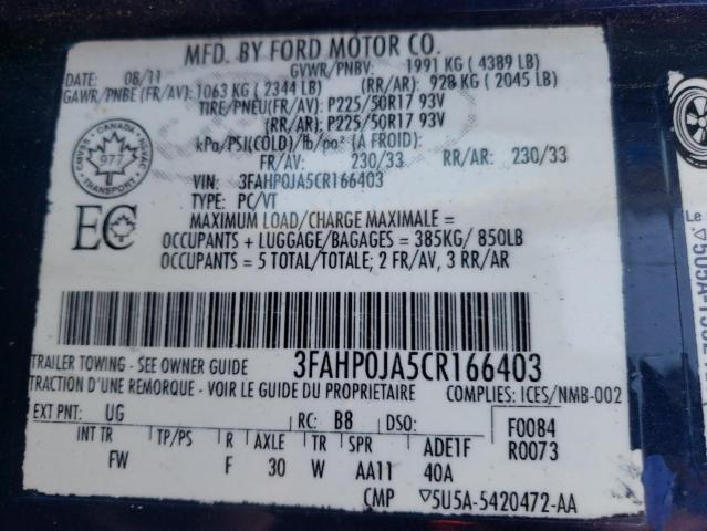 Photo 10 from auction – 2012 FORD FUSION SEL with VIN 3FAHP0JA5CR166403