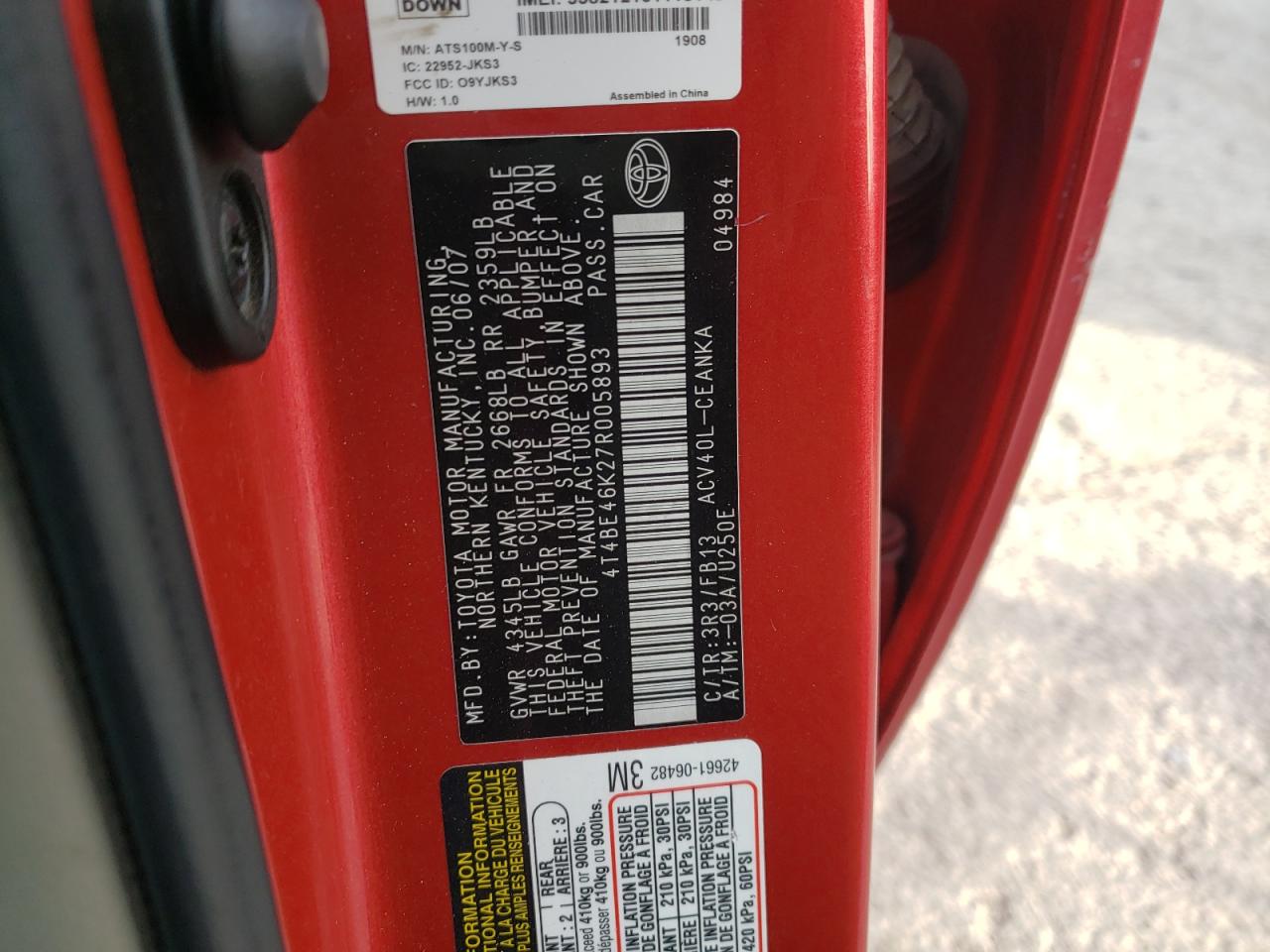 Photo 10 from auction – 2007 TOYOTA CAMRY CE with VIN 4T4BE46K27R005893