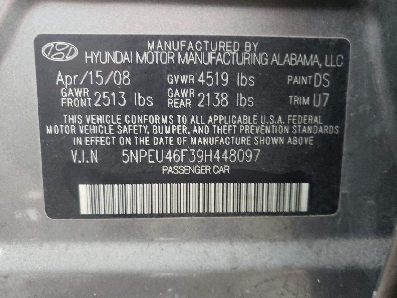 Photo 10 from auction – 2009 HYUNDAI SONATA SE with VIN 5NPEU46F39H448097