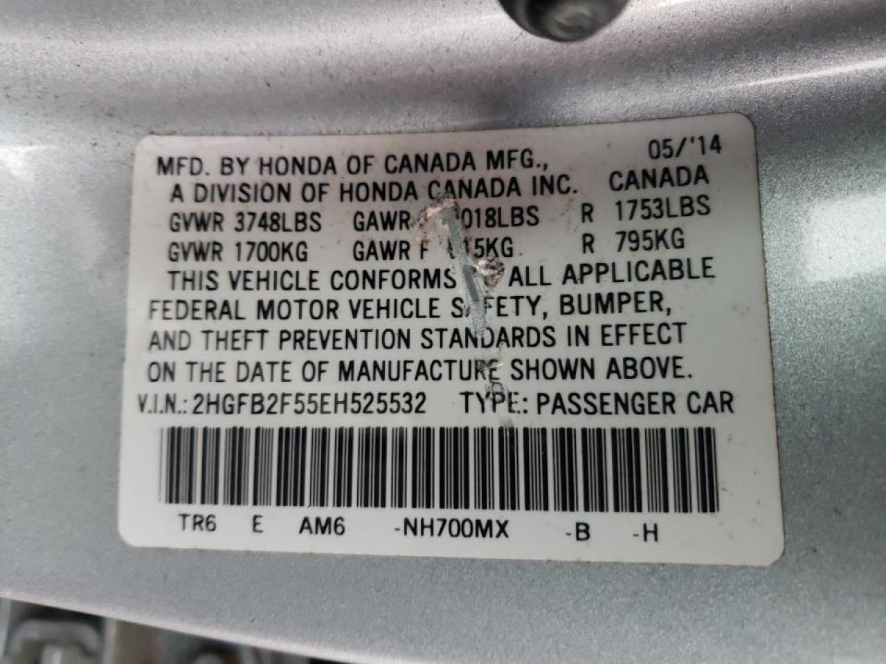 Photo 10 from auction – 2014 HONDA CIVIC LX with VIN 2HGFB2F55EH525532