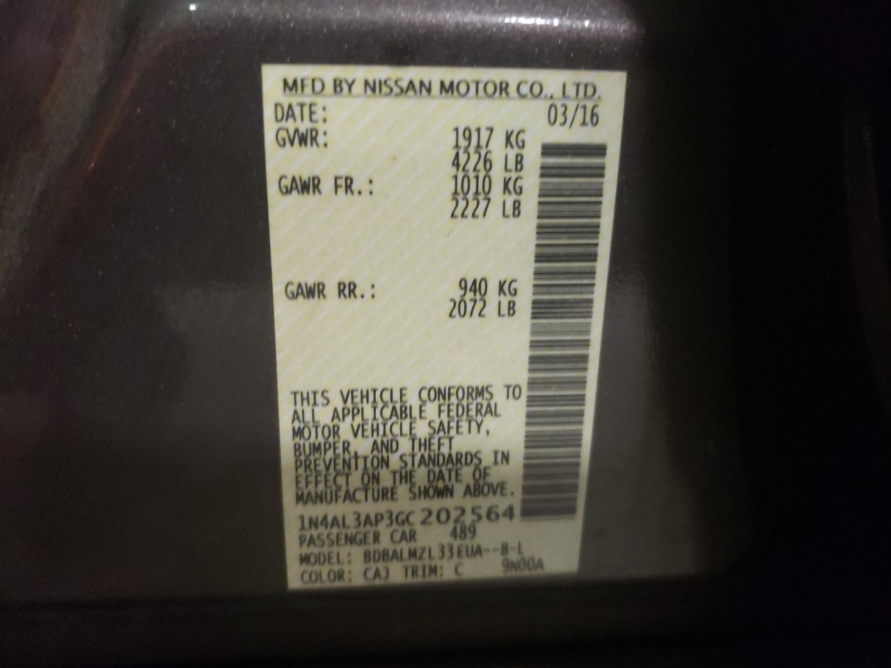 Photo 10 from auction – 2016 NISSAN ALTIMA 2.5 with VIN 1N4AL3AP3GC202564