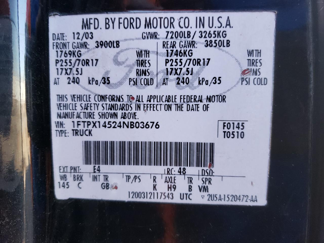 Photo 10 from auction – 2004 FORD F150 with VIN 1FTPX14524NB03676