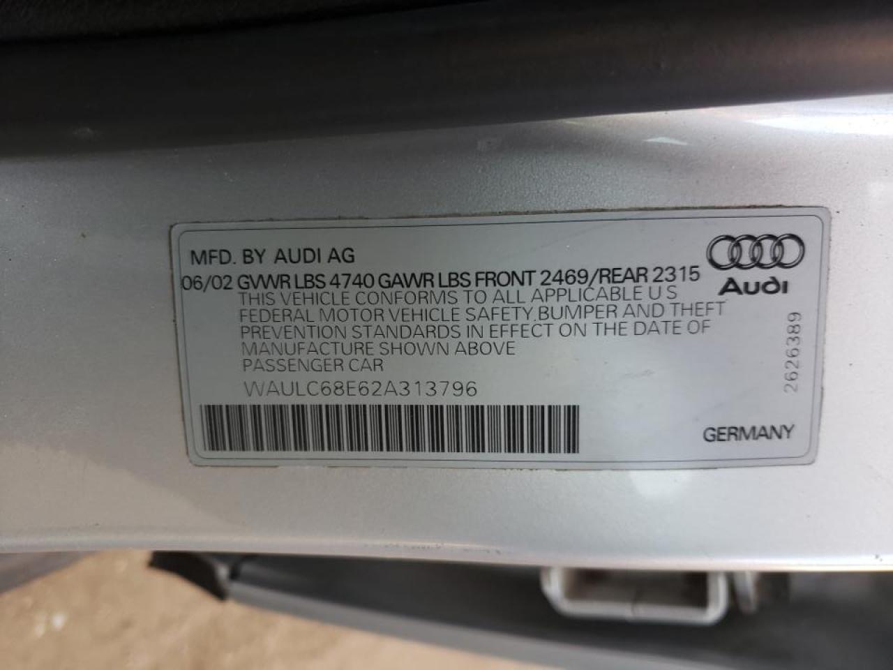 Photo 10 from auction – 2002 AUDI A4 1.8T QU with VIN WAULC68E62A313796