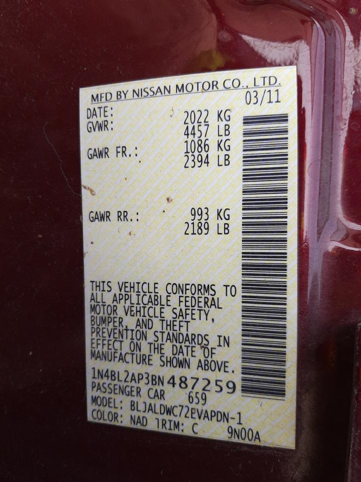 Photo 10 from auction – 2011 NISSAN ALTIMA SR with VIN 1N4BL2AP3BN487259