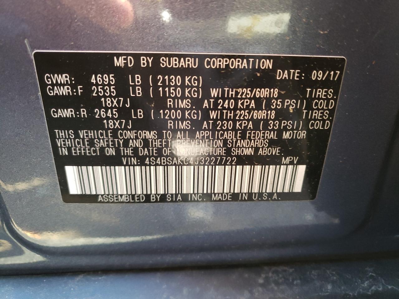 Photo 10 from auction – 2018 SUBARU OUTBACK 2. with VIN 4S4BSAKC4J3227722