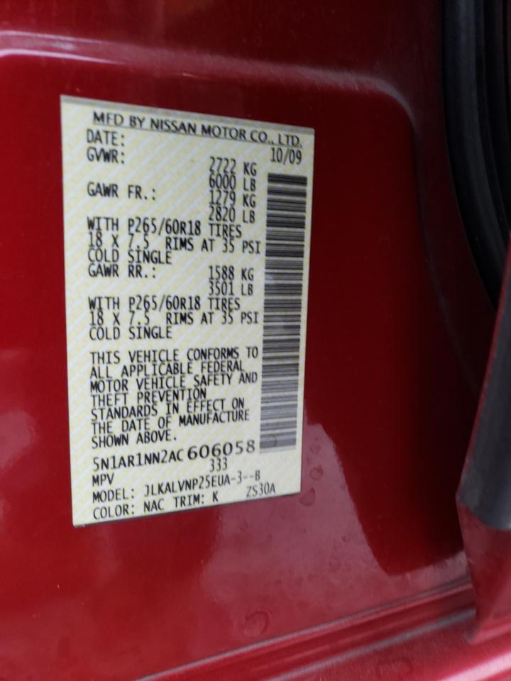 Photo 10 from auction – 2010 NISSAN PATHFINDER with VIN 5N1AR1NN2AC606058