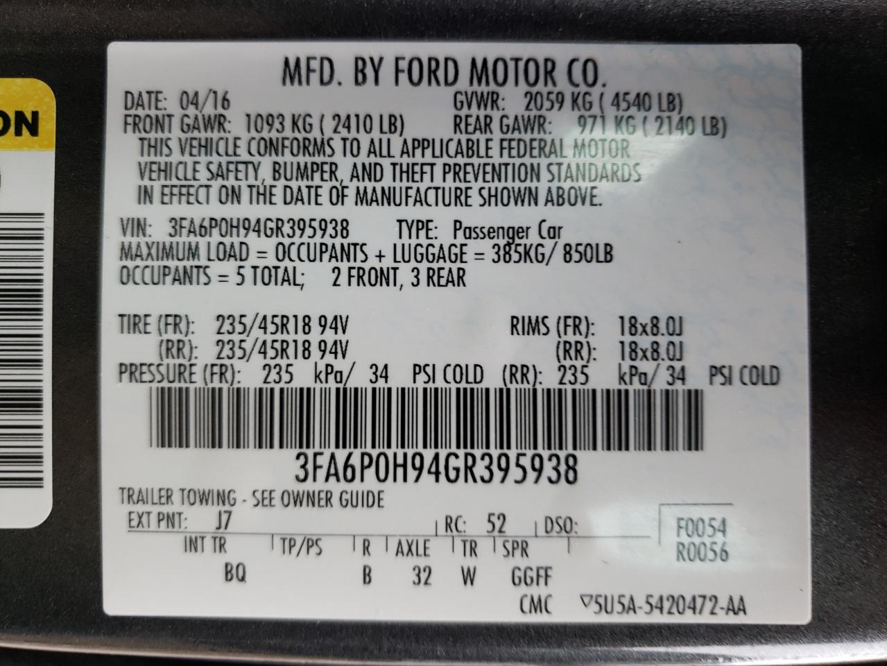 Photo 10 from auction – 2016 FORD FUSION SE with VIN 3FA6P0H94GR395938