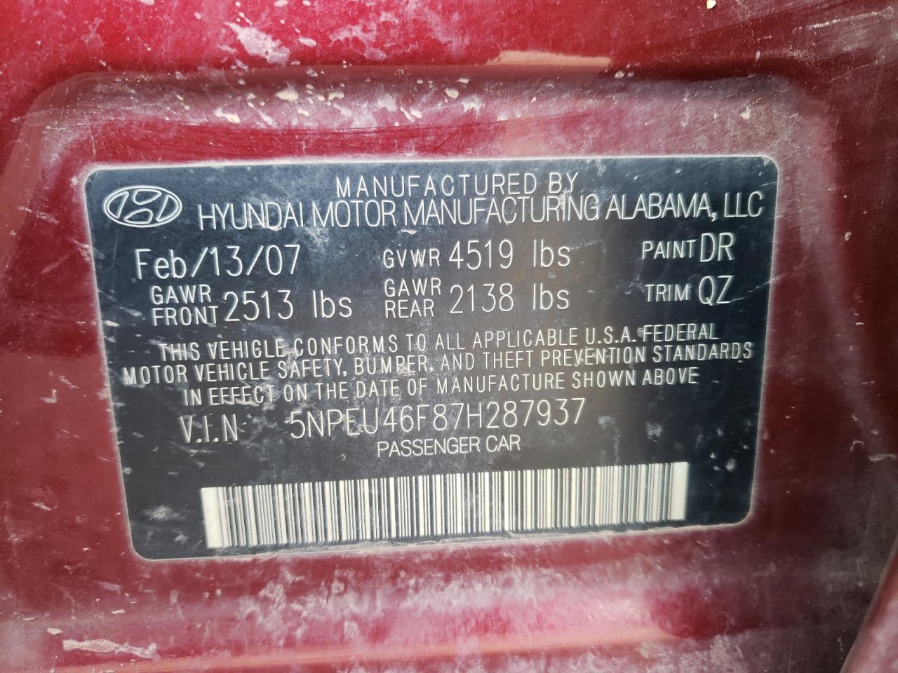 Photo 10 from auction – 2007 HYUNDAI SONATA SE with VIN 5NPEU46F87H287937