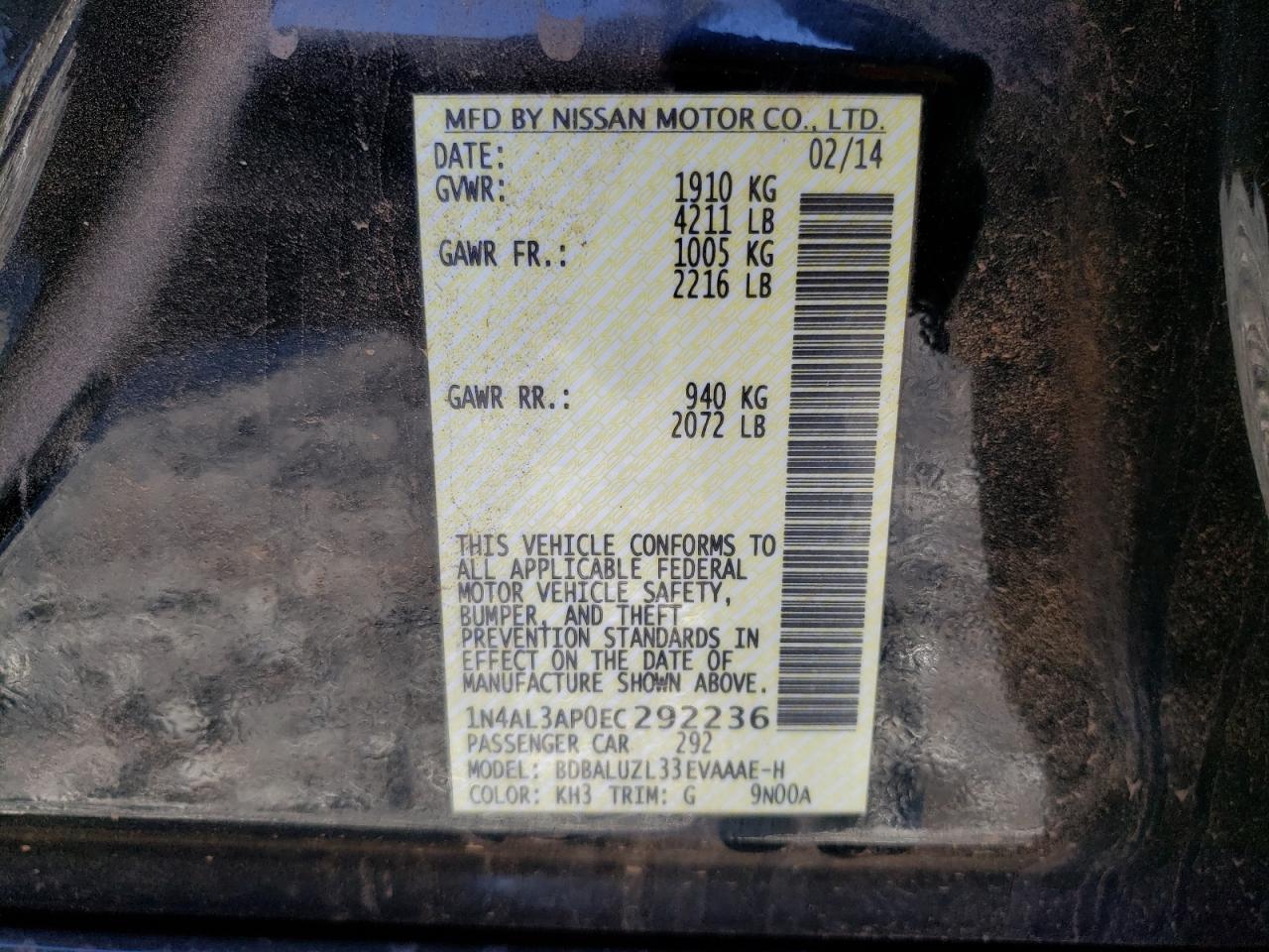Photo 10 from auction – 2014 NISSAN ALTIMA 2.5 with VIN 1N4AL3AP0EC292236