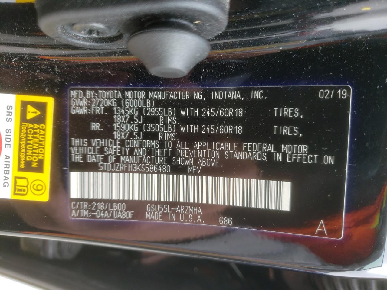 Photo 10 from auction – 2019 TOYOTA HIGHLANDER with VIN 5TDJZRFH3KS586480