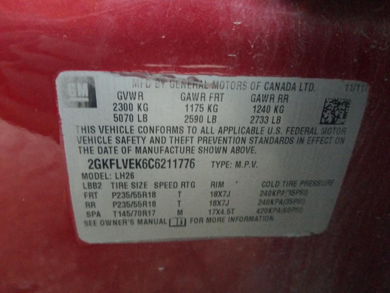 Photo 10 from auction – 2012 GMC TERRAIN SL with VIN 2GKFLVEK6C6211776