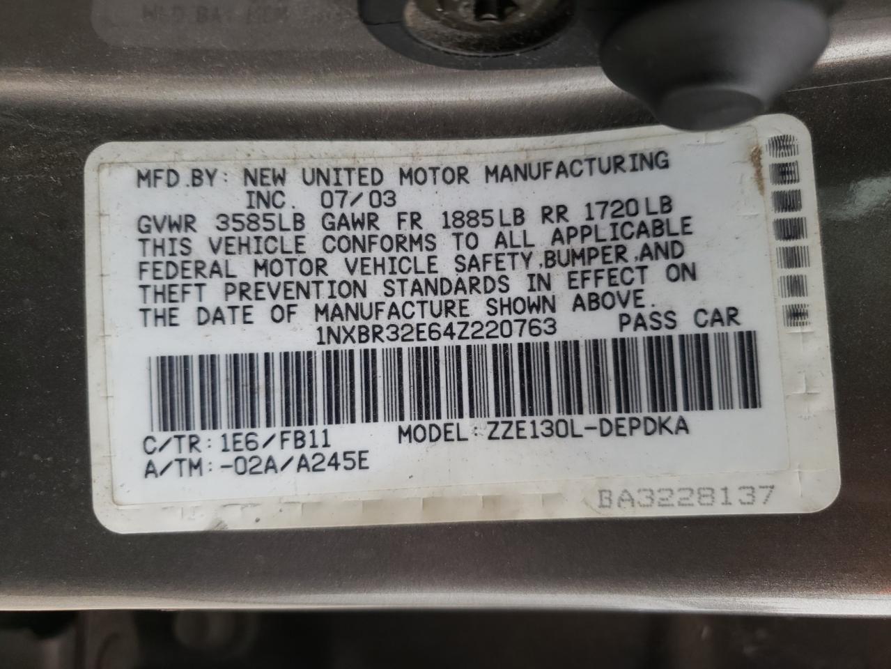 Photo 10 from auction – 2004 TOYOTA COROLLA CE with VIN 1NXBR32E64Z220763