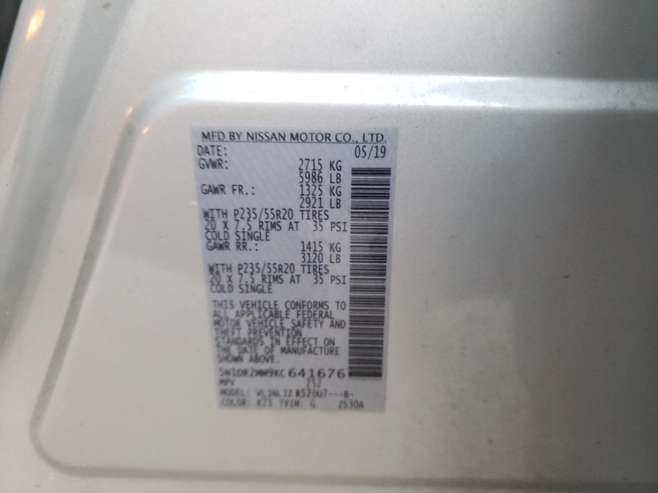 Photo 10 from auction – 2019 NISSAN PATHFINDER with VIN 5N1DR2MM9KC641676