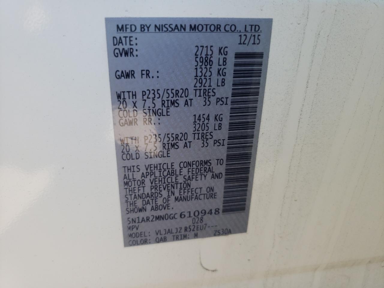 Photo 10 from auction – 2016 NISSAN PATHFINDER with VIN 5N1AR2MN0GC610948