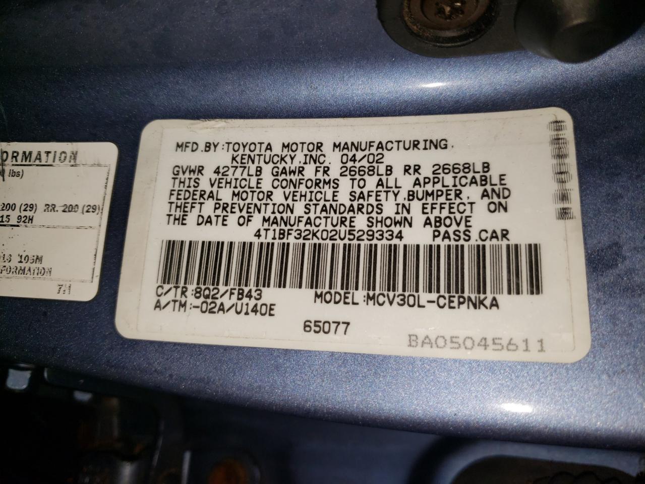 Photo 10 from auction – 2002 TOYOTA CAMRY LE with VIN 4T1BF32K02U529334