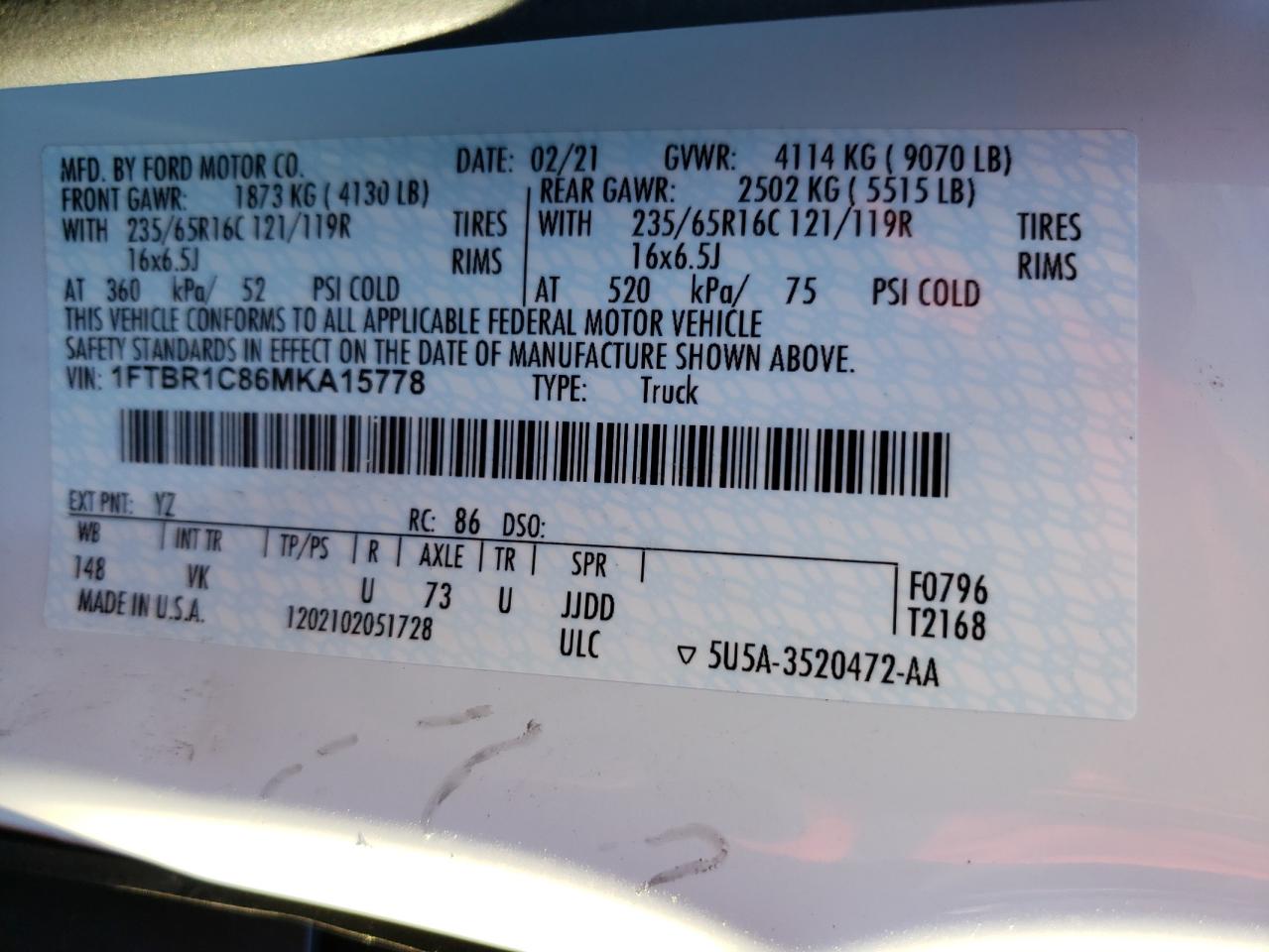Photo 10 from auction – 2021 FORD TRANSIT T- with VIN 1FTBR1C86MKA15778