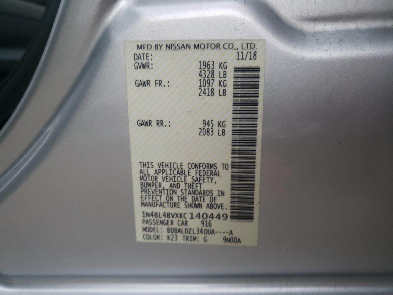 Photo 10 from auction – 2019 NISSAN ALTIMA S with VIN 1N4BL4BVXKC140449