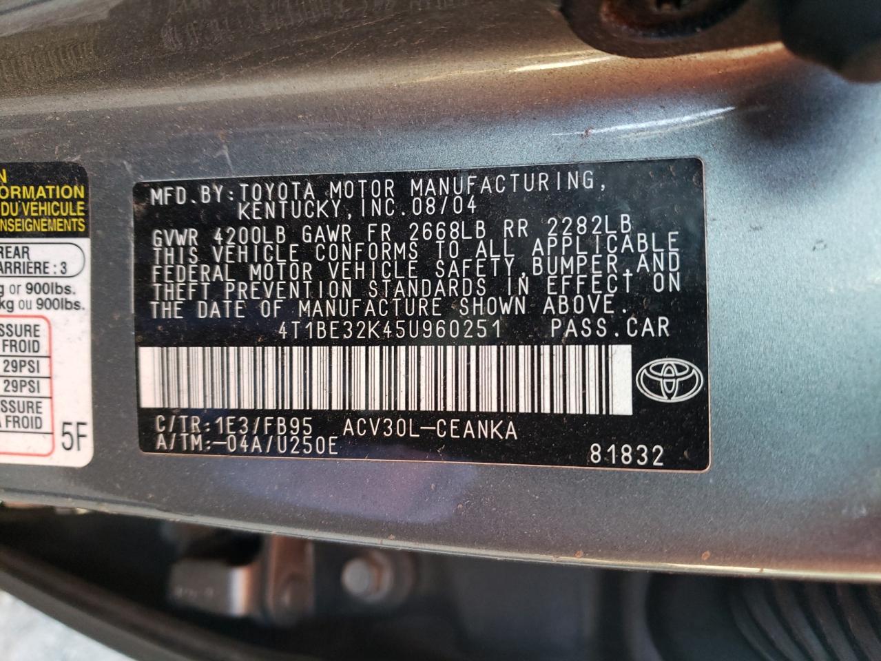 Photo 10 from auction – 2005 TOYOTA CAMRY LE with VIN 4T1BE32K45U960251
