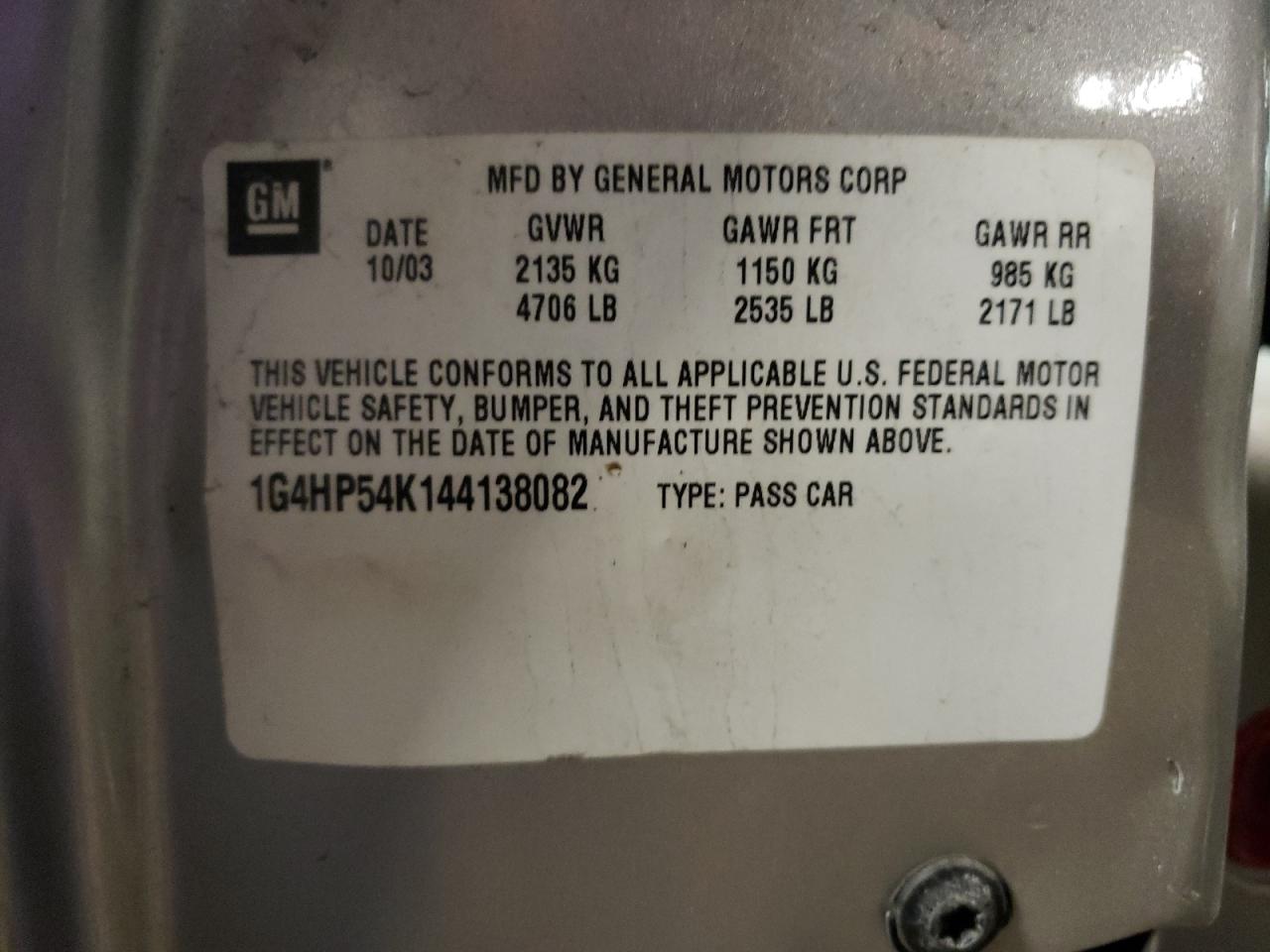 Photo 10 from auction – 2004 BUICK LESABRE CU with VIN 1G4HP54K144138082