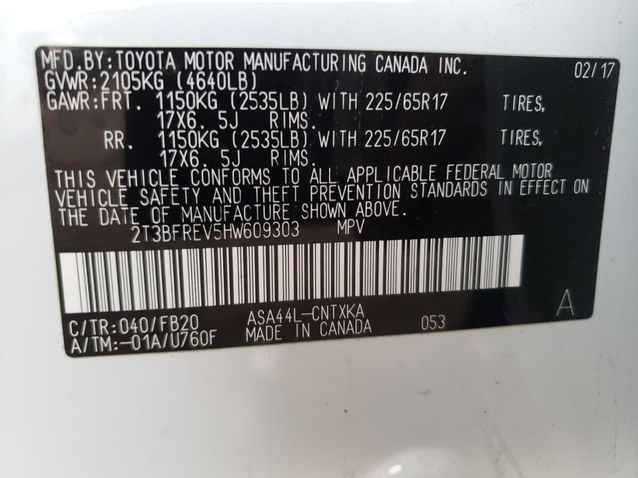 Photo 10 from auction – 2017 TOYOTA RAV4 LE with VIN 2T3BFREV5HW609303