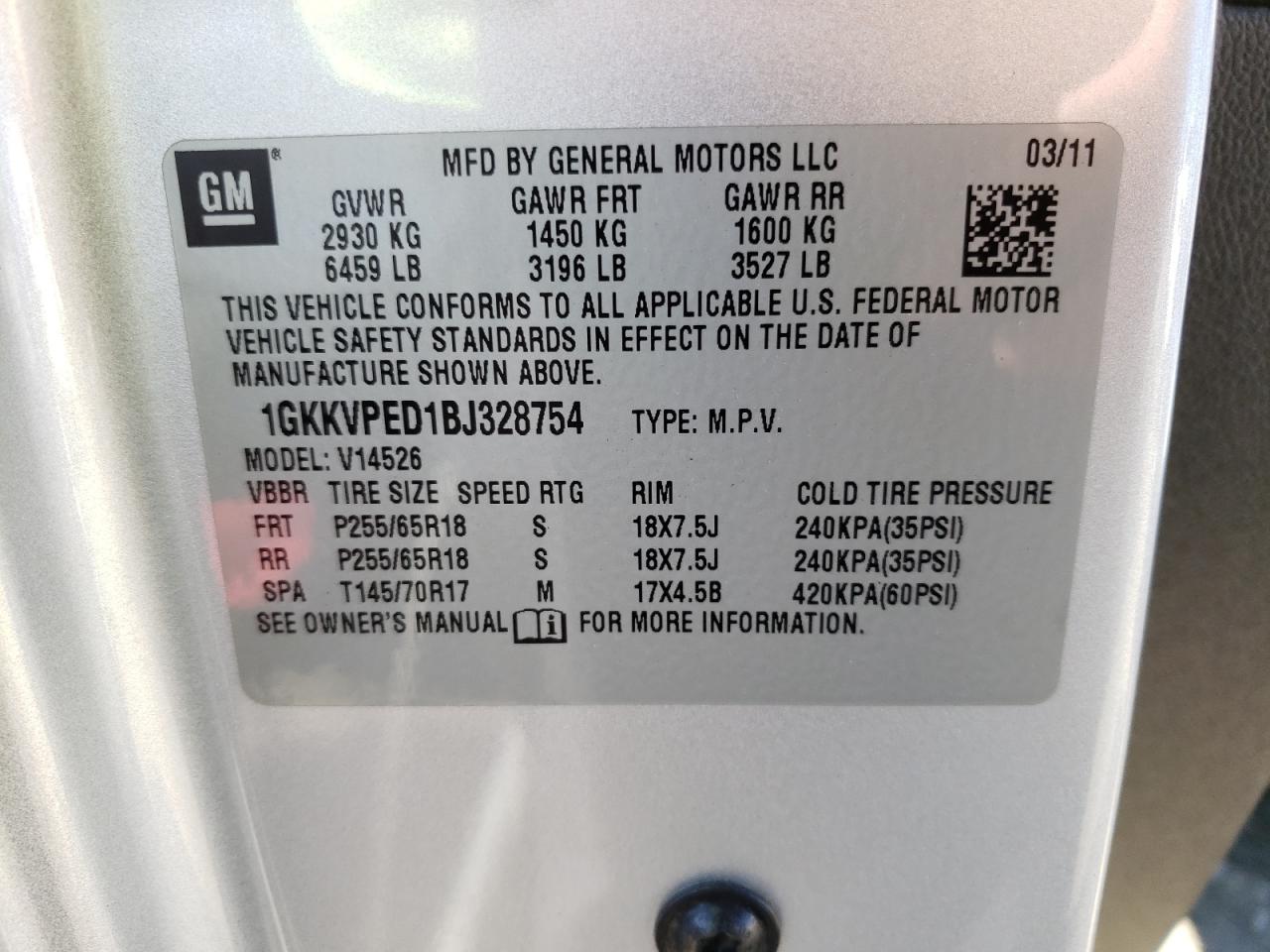 Photo 10 from auction – 2011 GMC ACADIA SLE with VIN 1GKKVPED1BJ328754