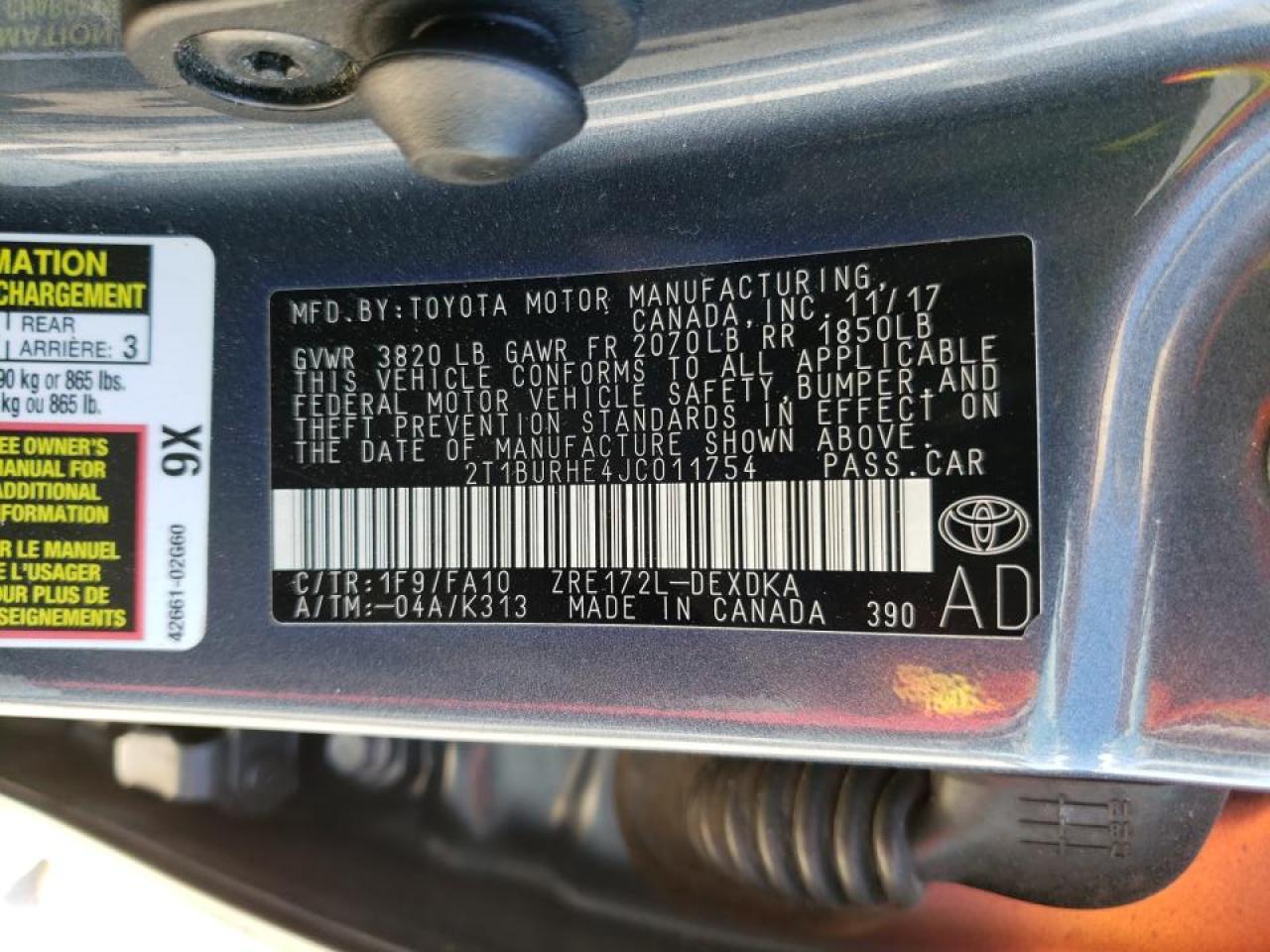 Photo 10 from auction – 2018 TOYOTA COROLLA L with VIN 2T1BURHE4JC011754
