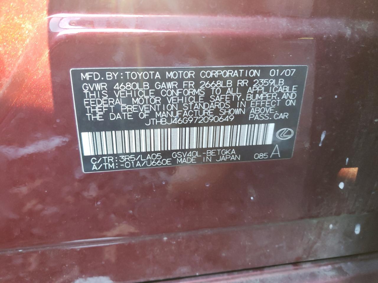 Photo 10 from auction – 2007 LEXUS ES 350 with VIN JTHBJ46G972090649