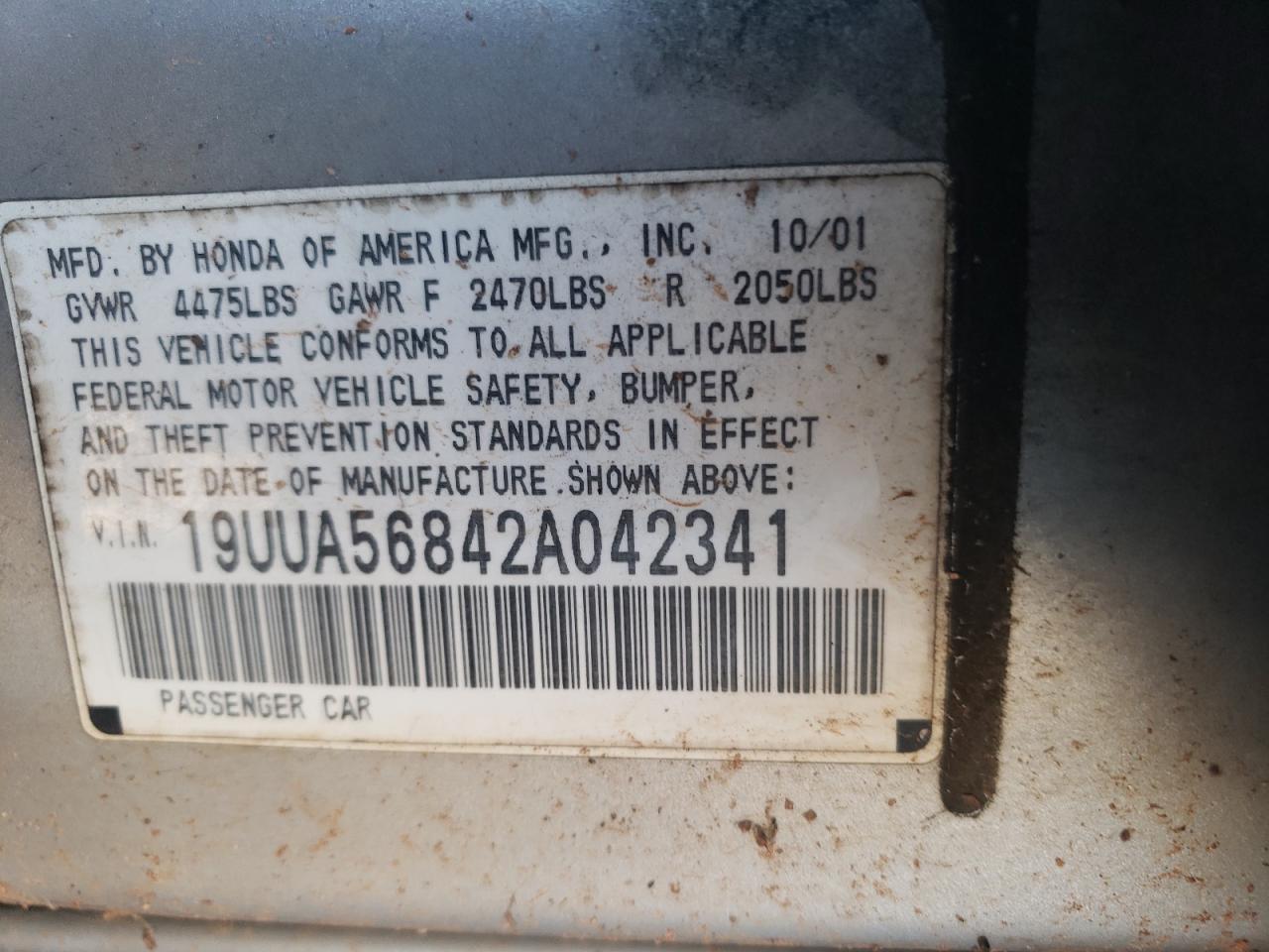 Photo 10 from auction – 2002 ACURA 3.2TL TYPE with VIN 19UUA56842A042341