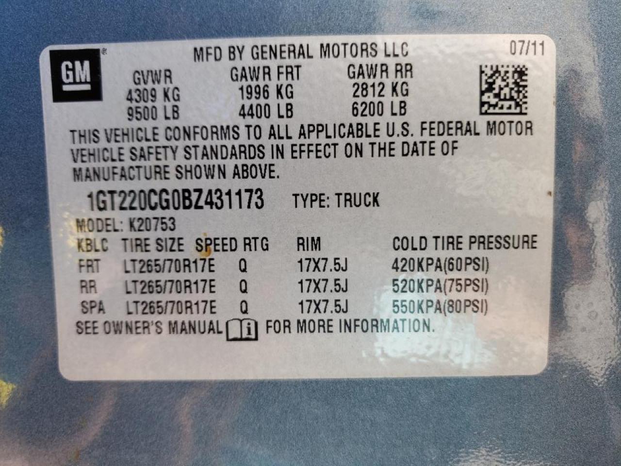Photo 10 from auction – 2011 GMC SIERRA K25 with VIN 1GT220CG0BZ431173
