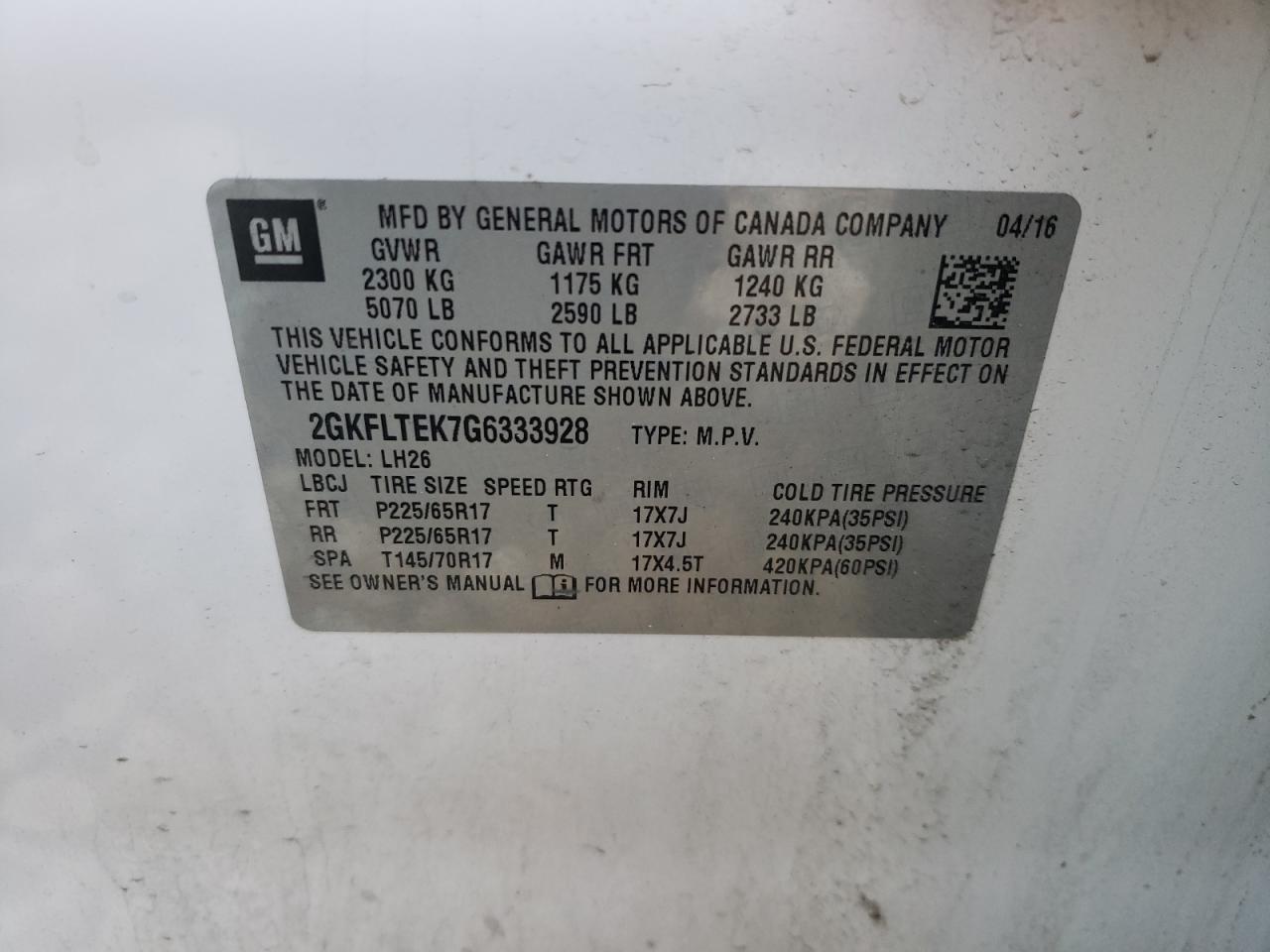 Photo 10 from auction – 2016 GMC TERRAIN SL with VIN 2GKFLTEK7G6333928