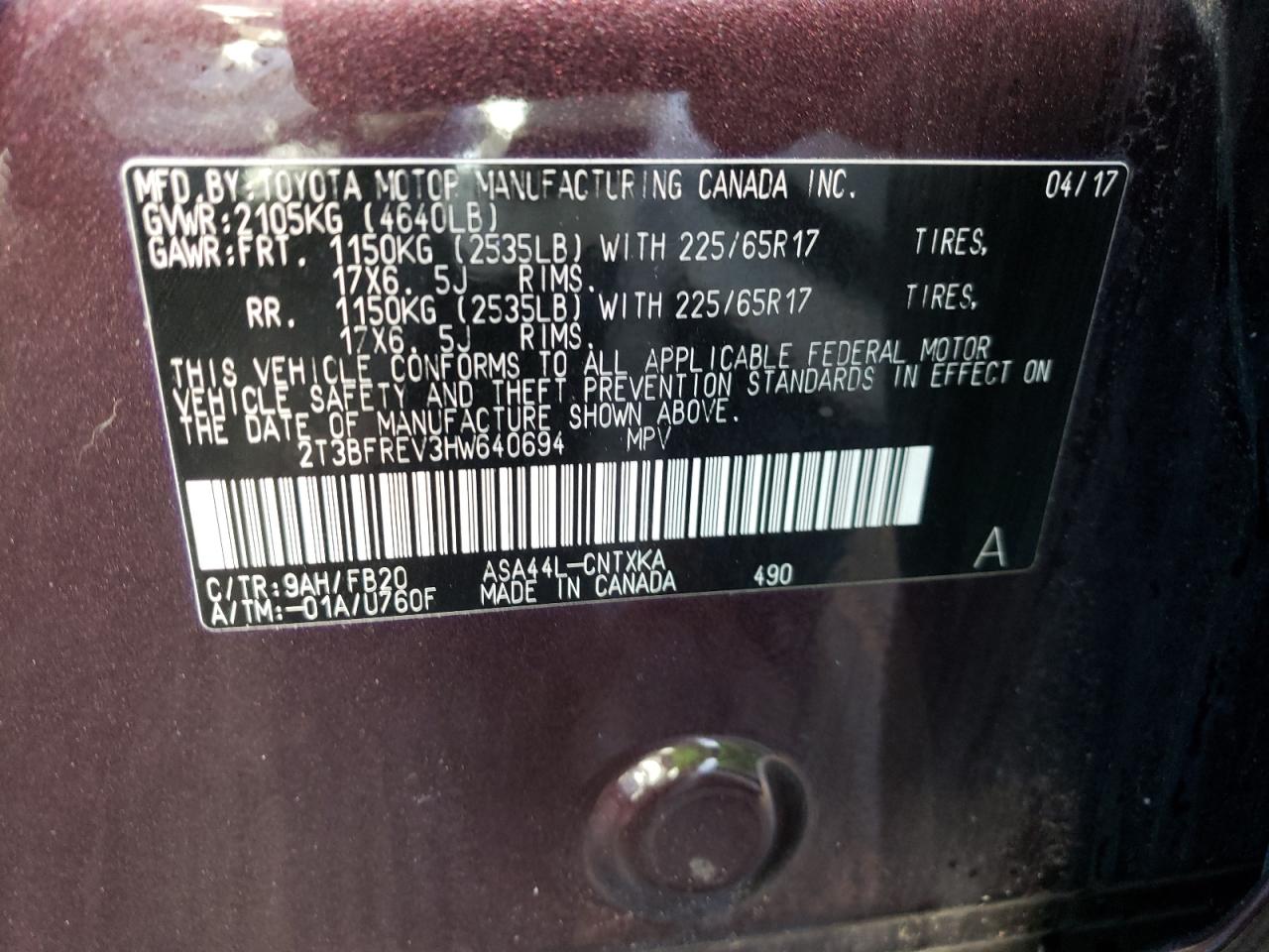 Photo 10 from auction – 2017 TOYOTA RAV4 LE with VIN 2T3BFREV3HW640694