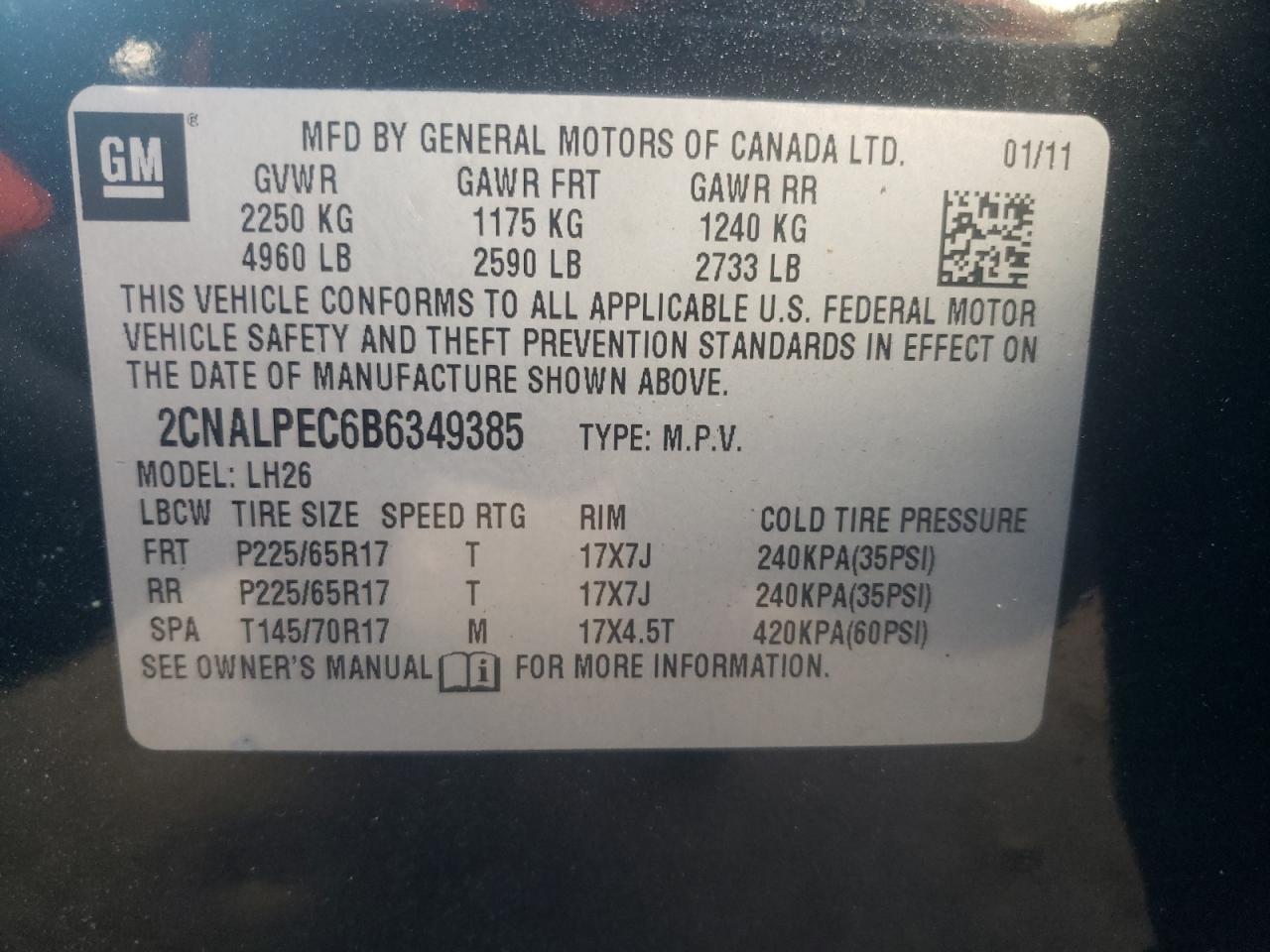 صورة رقم 10 من المزاد - 2011 CHEVROLET EQUINOX LT مع VIN 2CNALPEC6B6349385