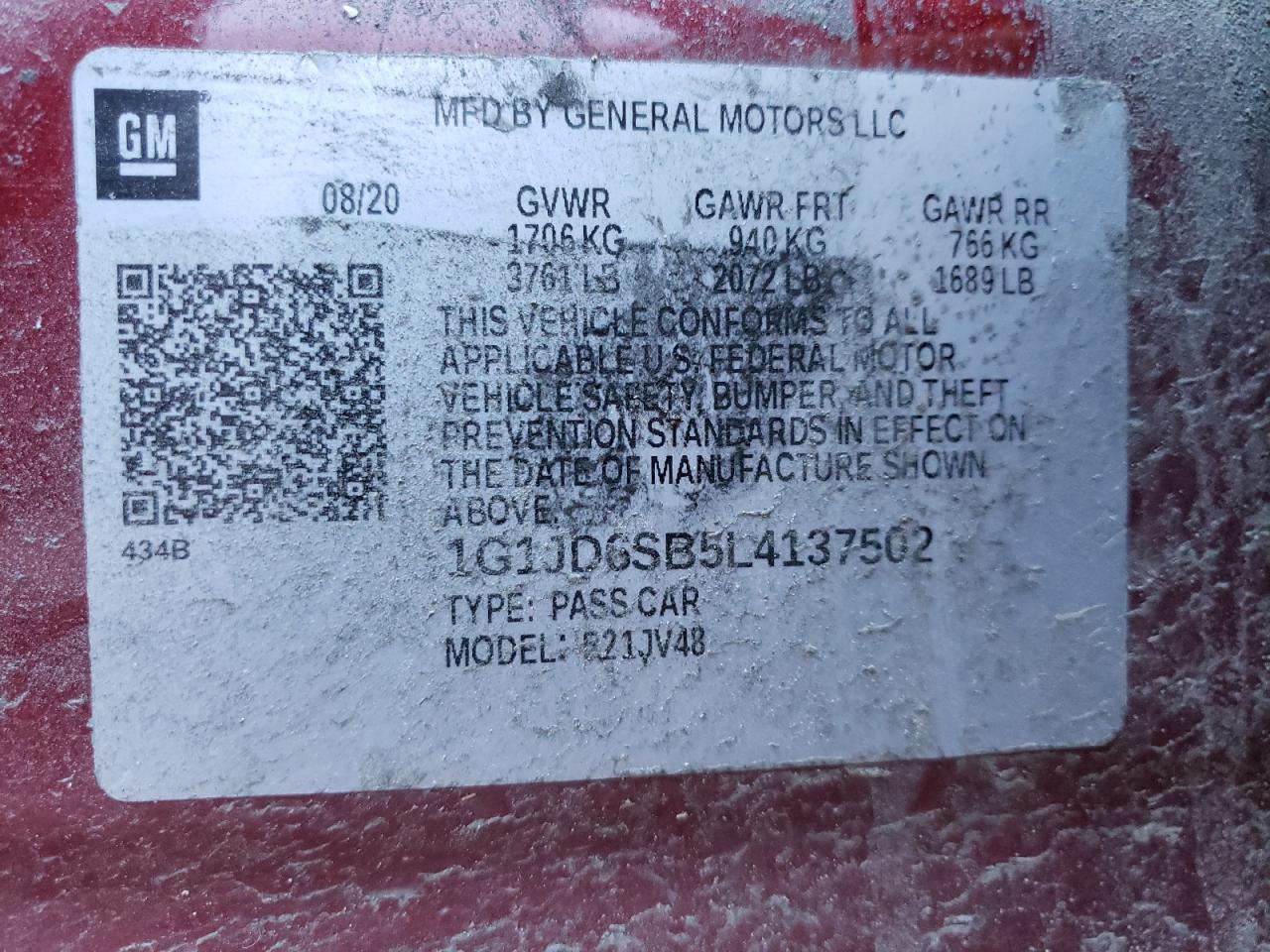 Photo 10 from auction – 2020 CHEVROLET SONIC LT with VIN 1G1JD6SB5L4137502