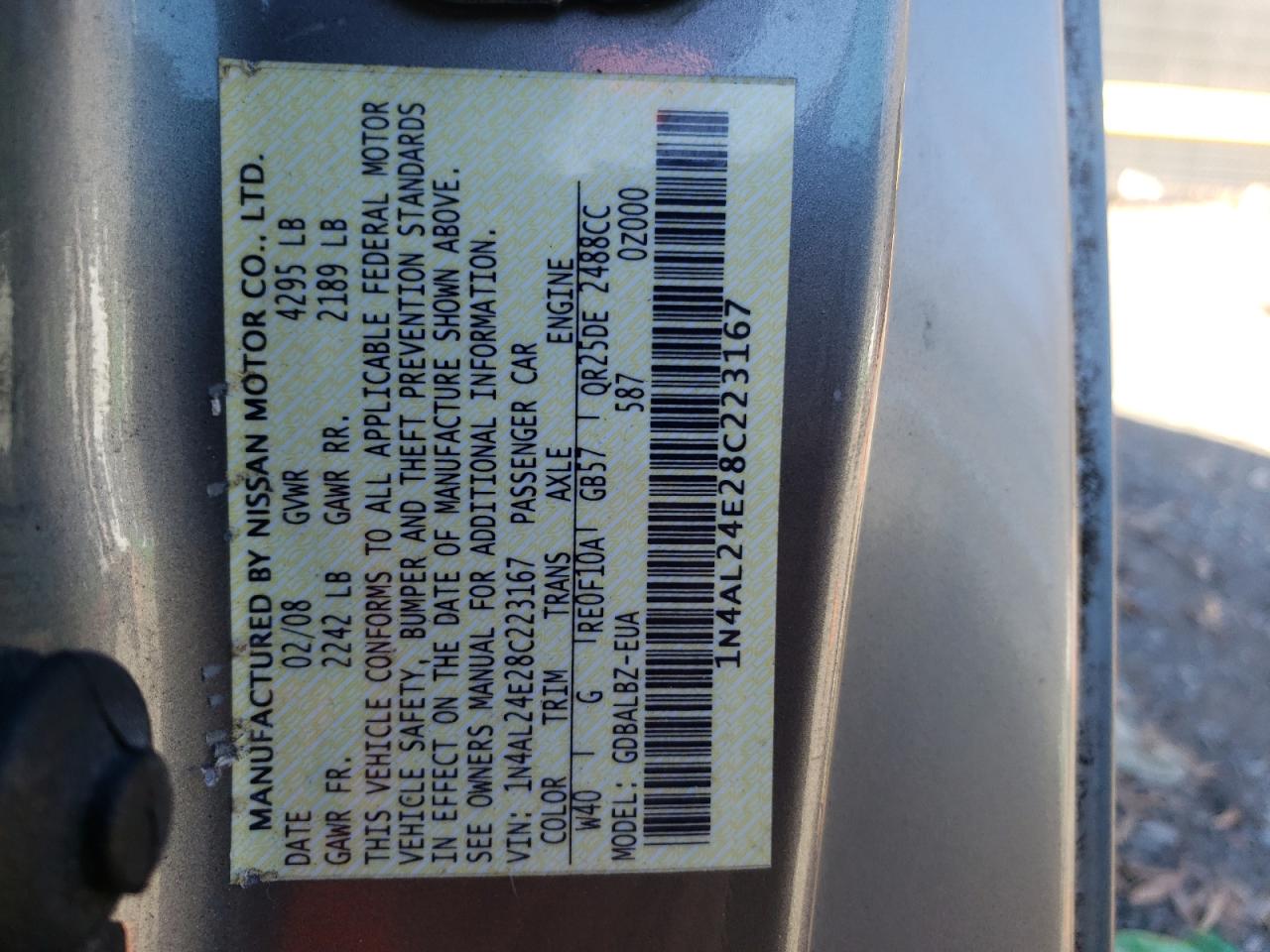 Photo 10 from auction – 2008 NISSAN ALTIMA with VIN 1N4AL24E28C223167