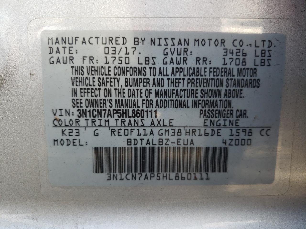 Photo 10 from auction – 2017 NISSAN VERSA S with VIN 3N1CN7AP5HL860111