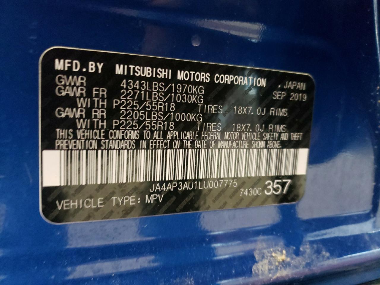 Photo 10 from auction – 2020 MITSUBISHI OUTLANDER with VIN JA4AP3AU1LU007775