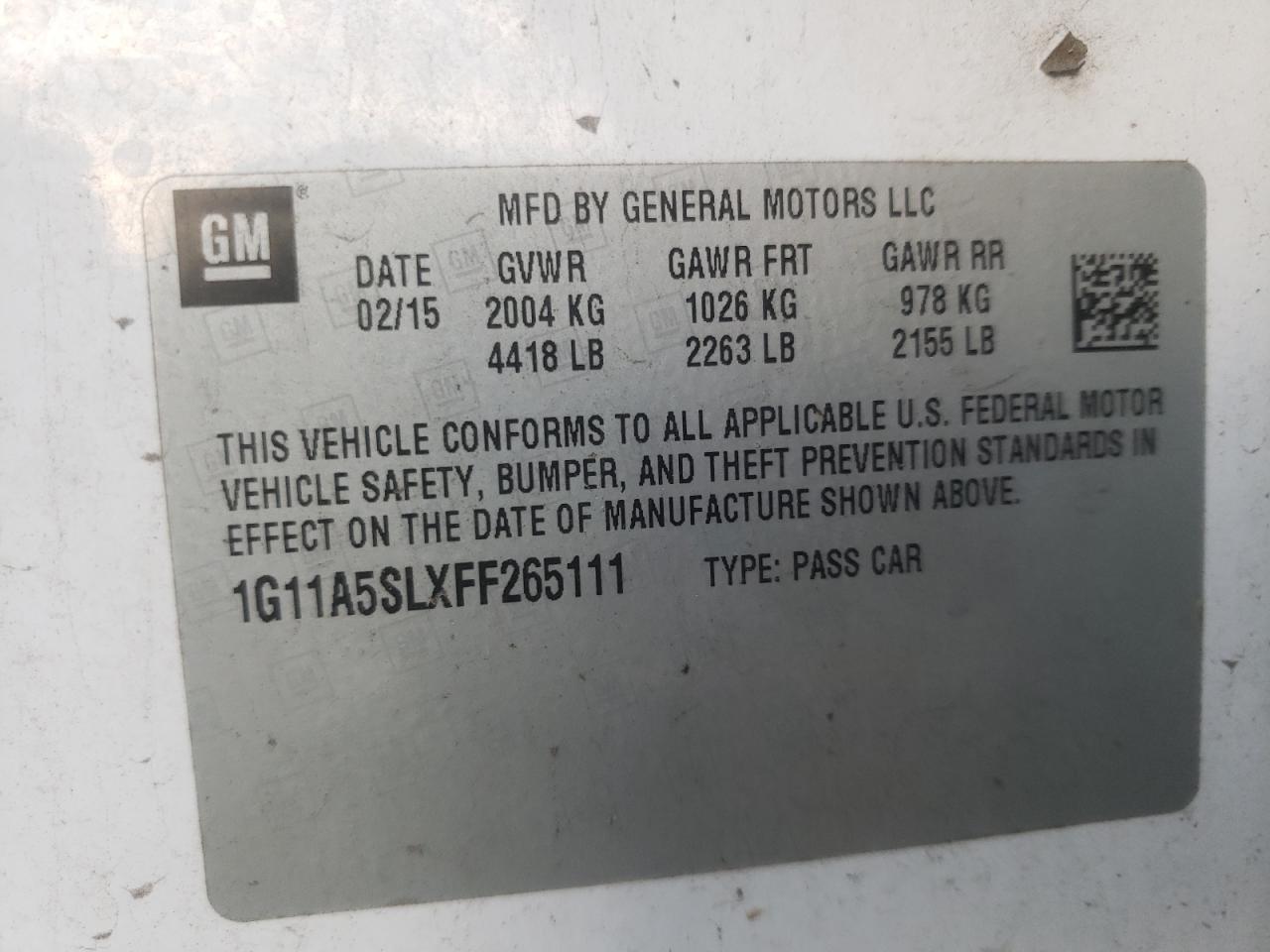 Photo 10 from auction – 2015 CHEVROLET MALIBU LS with VIN 1G11A5SLXFF265111