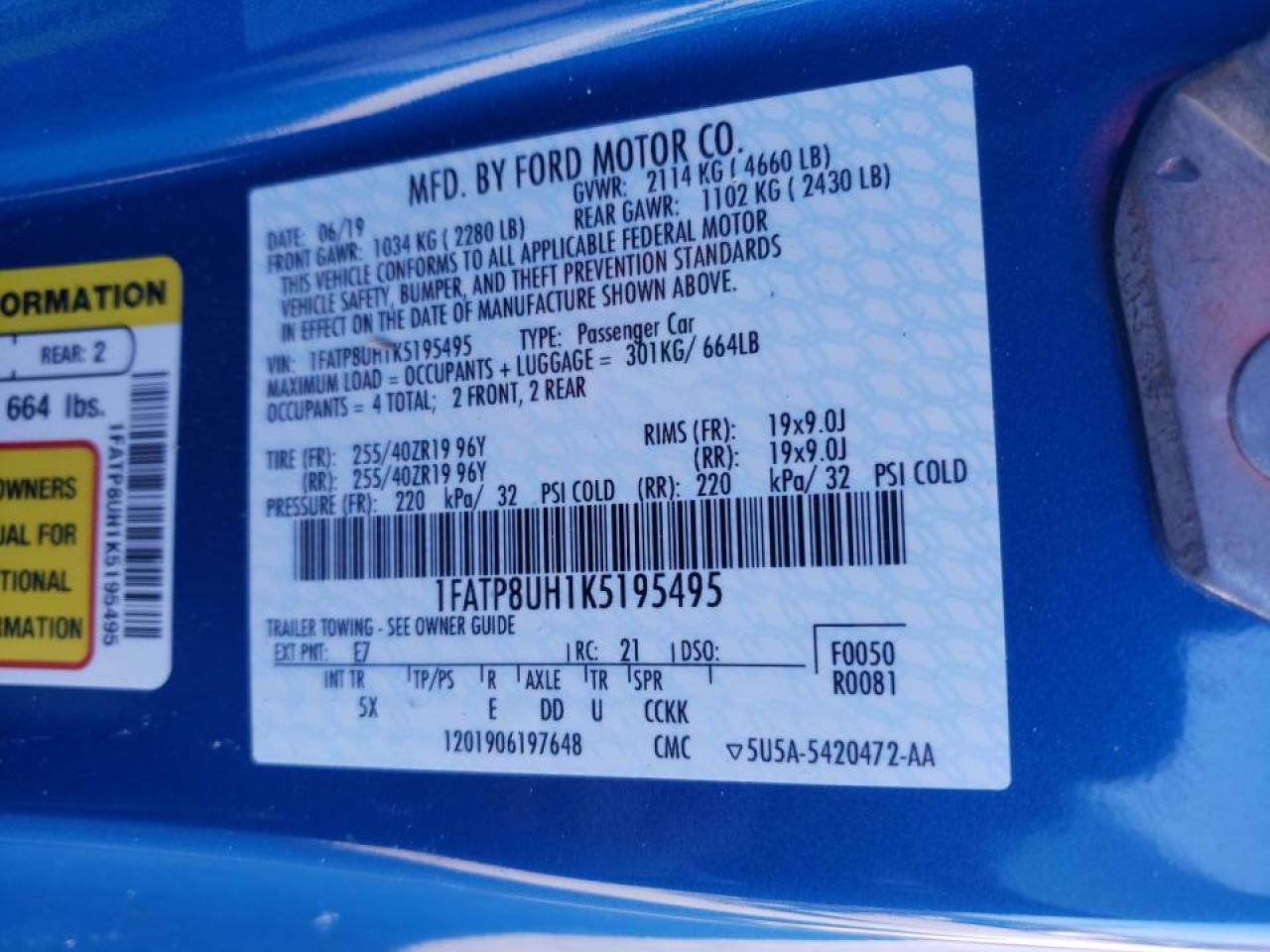 Photo 10 from auction – 2019 FORD MUSTANG with VIN 1FATP8UH1K5195495