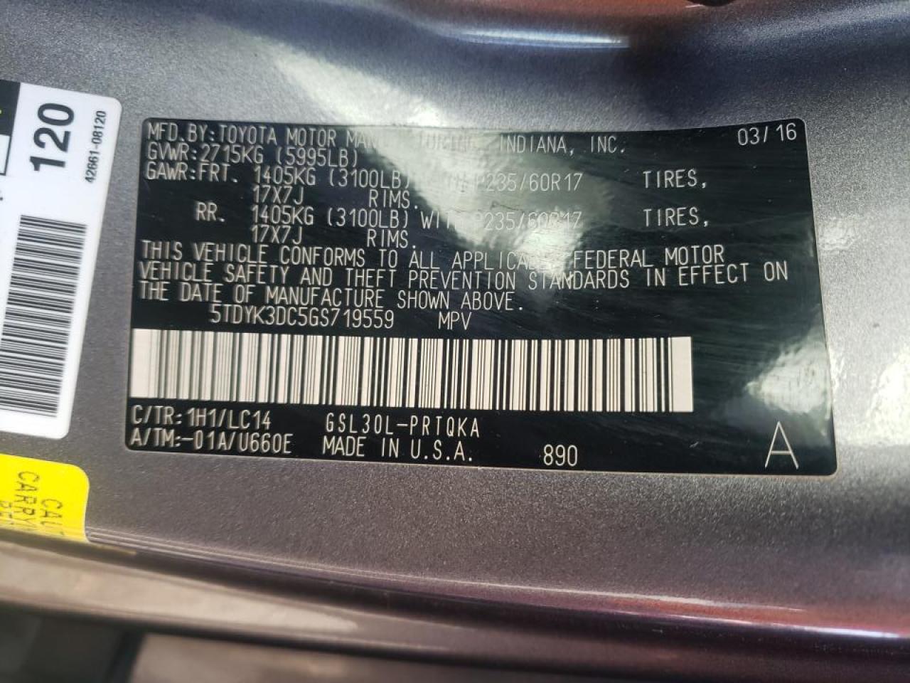 Photo 10 from auction – 2016 TOYOTA SIENNA XLE with VIN 5TDYK3DC5GS719559