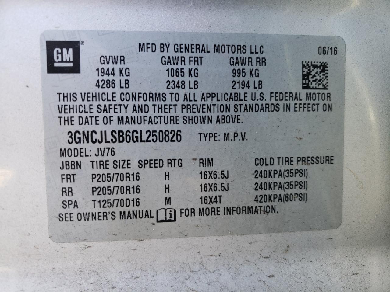 Photo 10 from auction – 2016 CHEVROLET TRAX 1LT with VIN 3GNCJLSB6GL250826