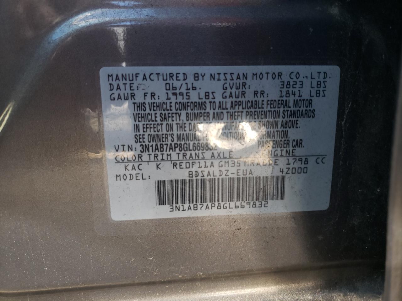 Photo 10 from auction – 2016 NISSAN SENTRA S with VIN 3N1AB7AP8GL669832