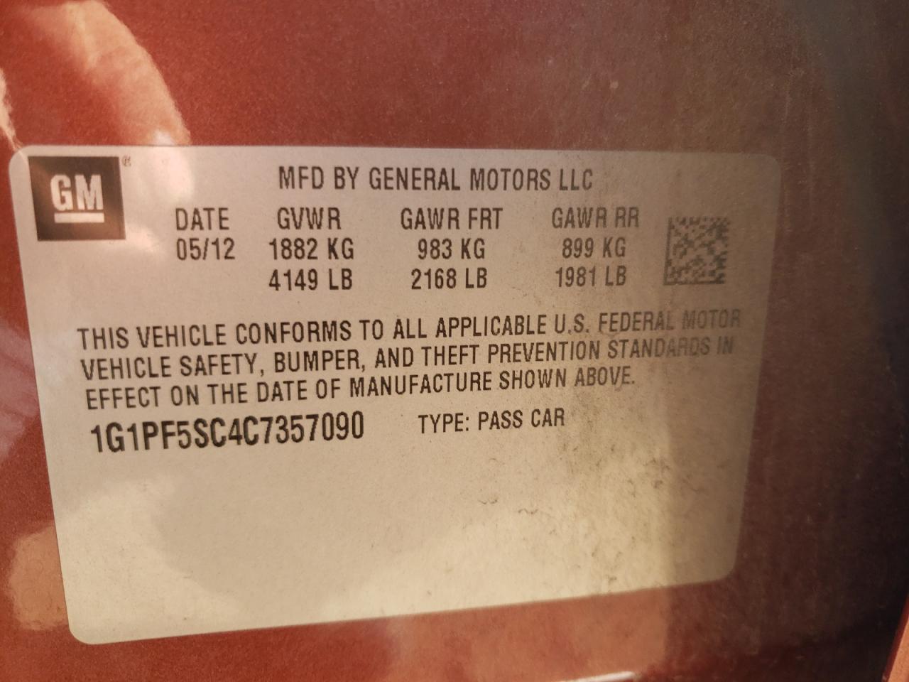Photo 10 from auction – 2012 CHEVROLET CRUZE LT with VIN 1G1PF5SC4C7357090