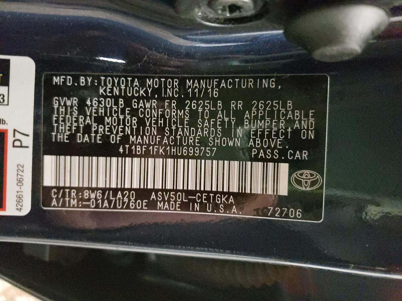 Photo 10 from auction – 2017 TOYOTA CAMRY with VIN 4T1BF1FK1HU699757